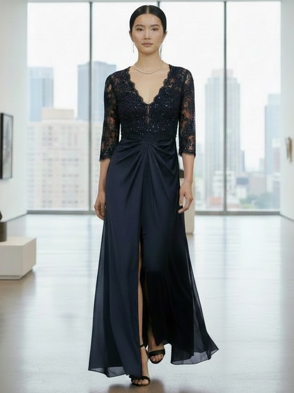 Tadashi Collection Silk Gown Evening Maxi Beaded Lace Overlay NWT 8 Black